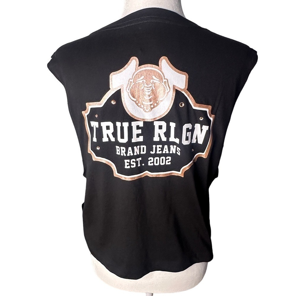True Religion Womens Size Medium Black Graphic Tank Rose Gold Logo Y2K